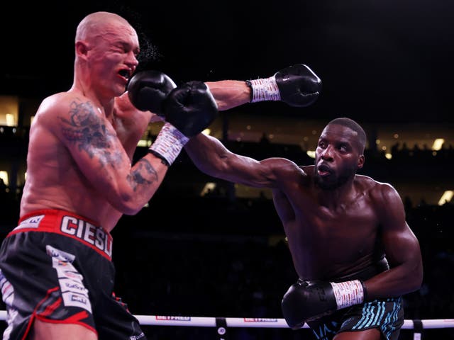 <p>Londoner Lawrence Okolie (right) achieved a unanimous-decision win against Michal Cieslak at the O2</p>