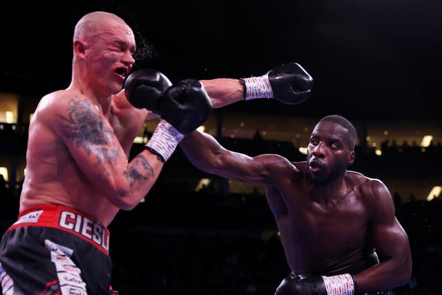 <p>Londoner Lawrence Okolie (right) achieved a unanimous-decision win against Michal Cieslak at the O2</p>