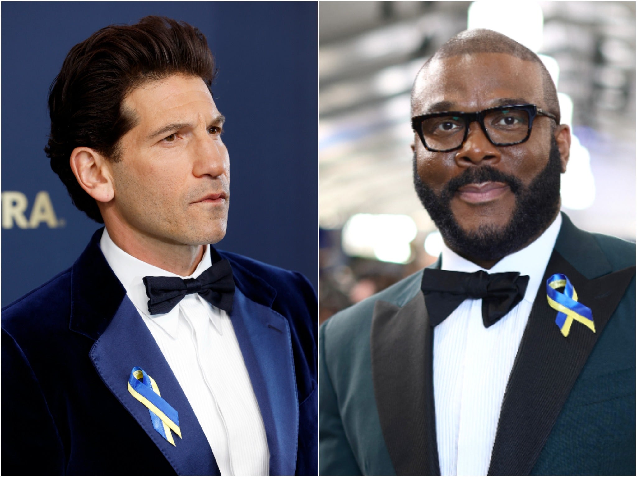 Actors Jon Bernthal and Tyler Perry expressed their solidarity with Ukraine by wearing pins of the blue-and-yellow Ukrainian flag at the SAG Awards 202