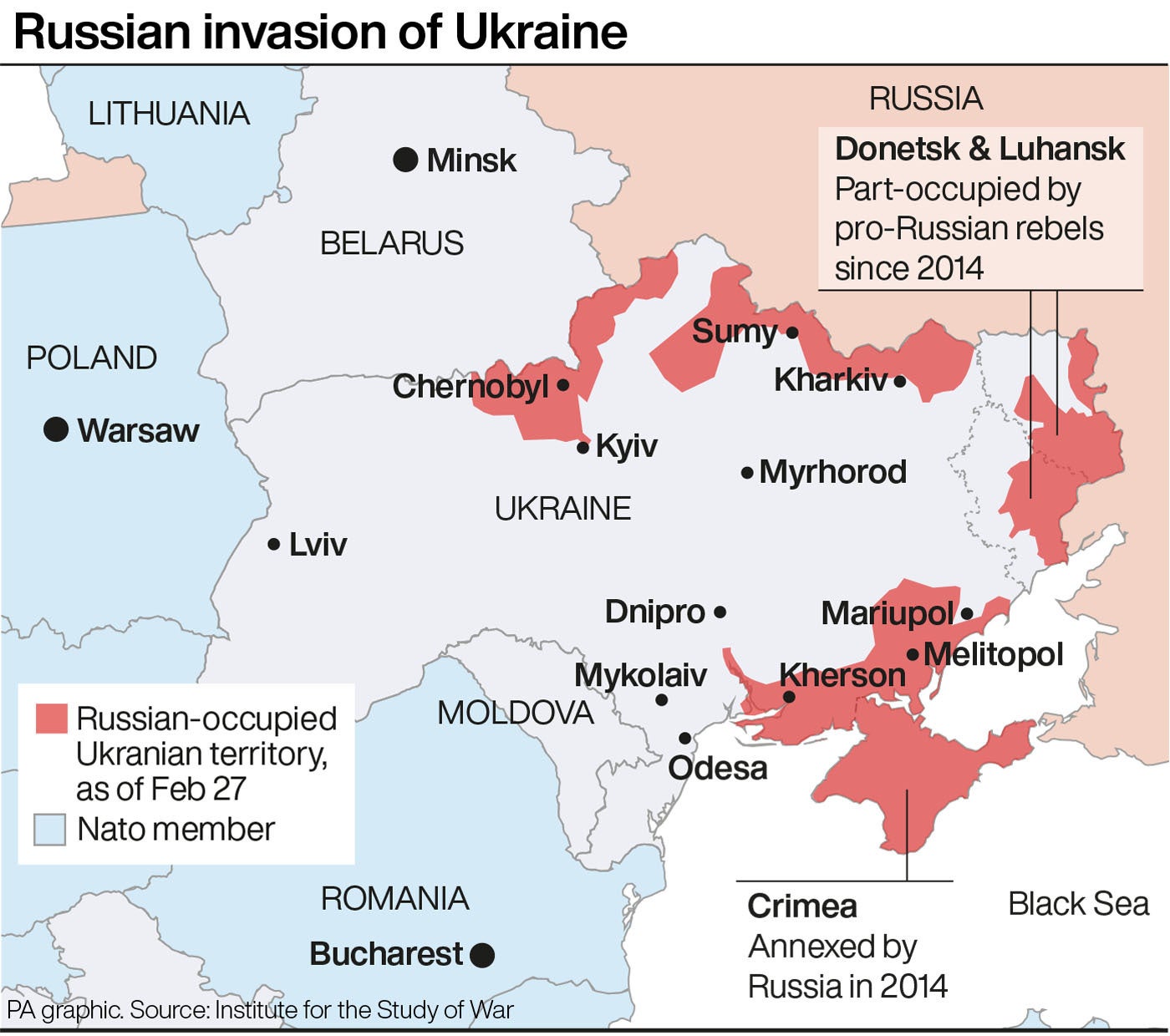 The map shows the extent of Russia’s invasion of Ukraine