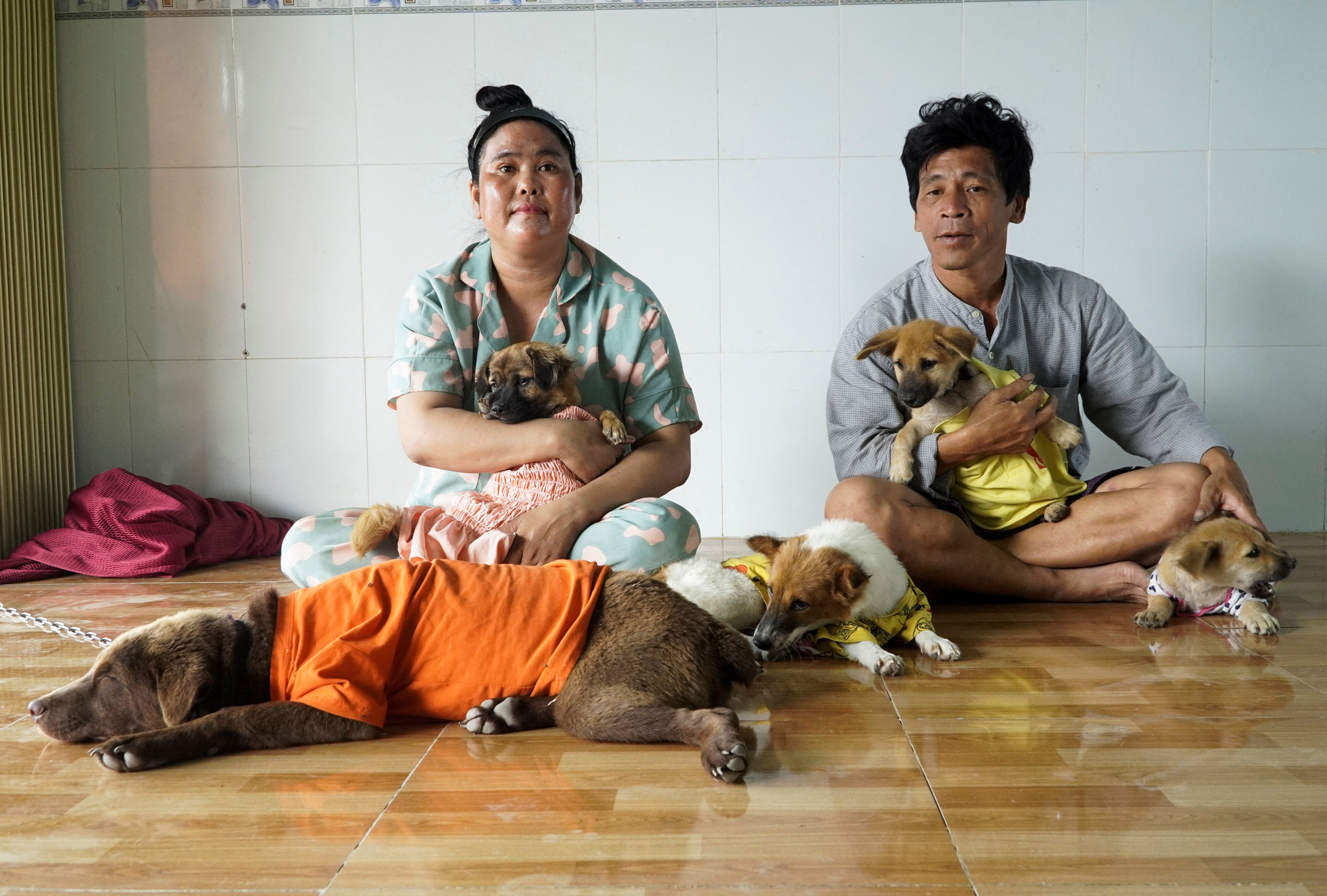 Nguyen Thi Chi Em and Pham Minh Hung sit with their newly adopted dogs after their 15 previous pets were culled by authorities