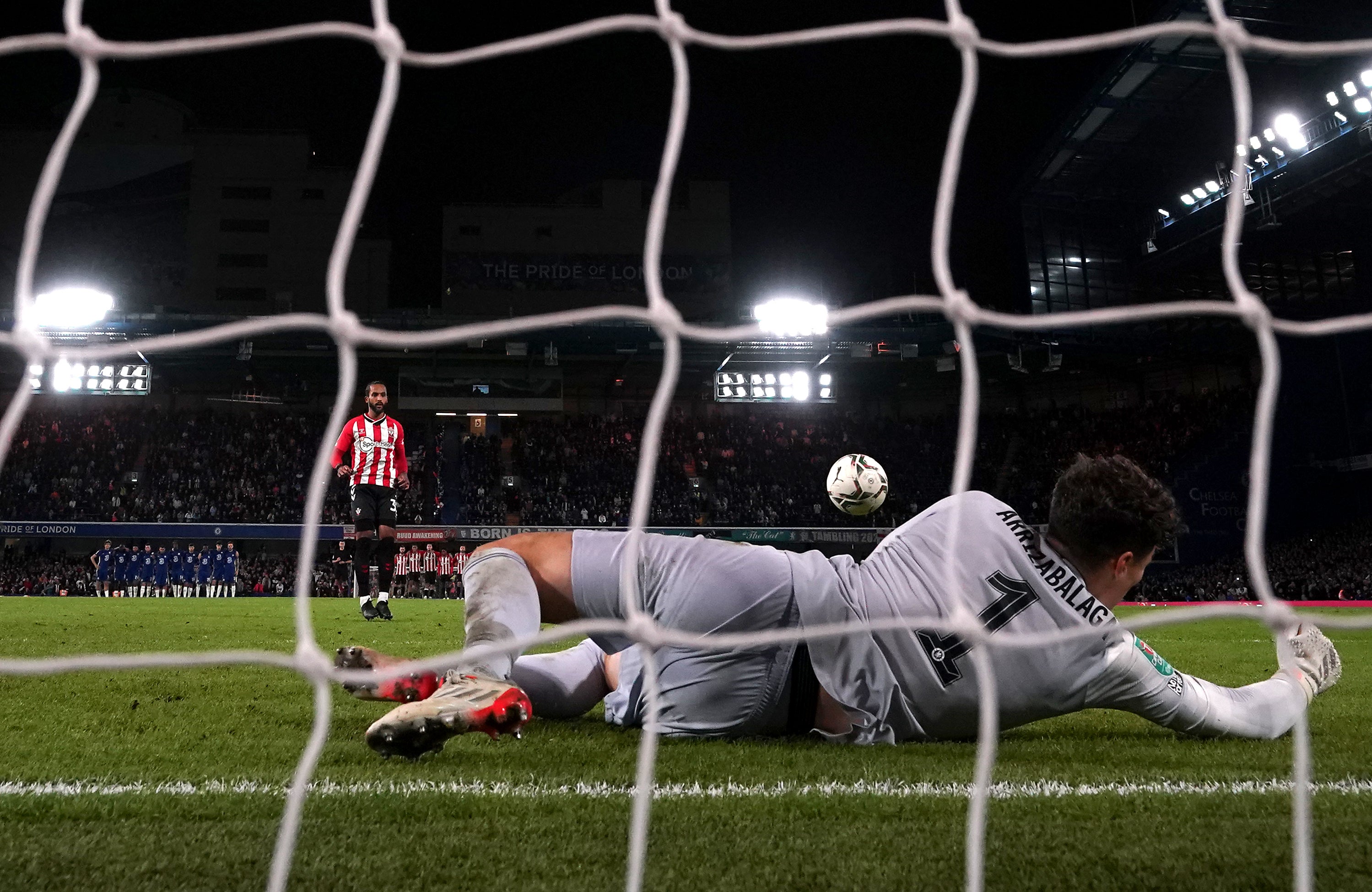 Kepa Arrizabalaga saves from Southampton’s Theo Walcott earlier in the Carabao Cup run (Nick Potts/PA)