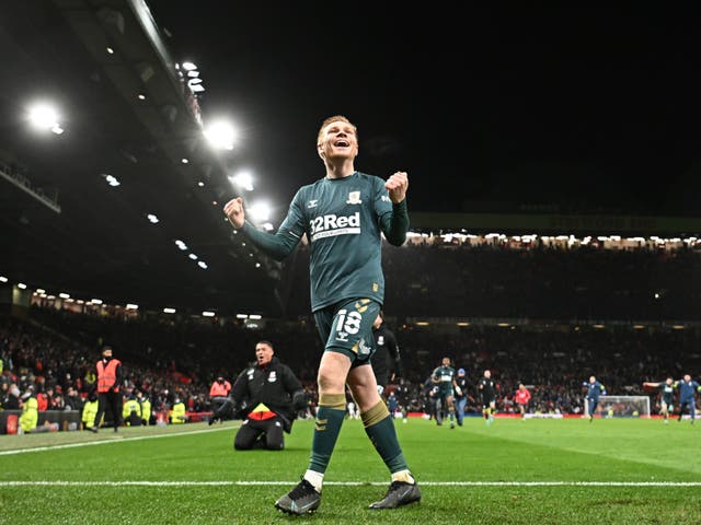 <p>Watmore celebrates Middlesbrough’s victory at Old Trafford in the FA Cup </p>