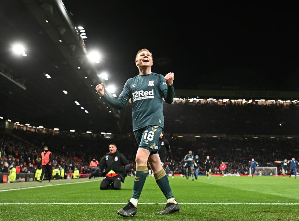 <p>Watmore celebrates Middlesbrough’s victory at Old Trafford in the FA Cup</p>