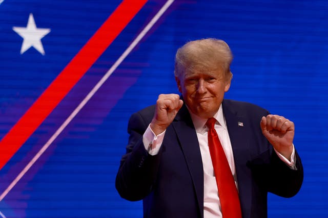 <p>Former President Donald Trump gestures during the Conservative Political Action Conference 2022 in Orlando, Florida</p>