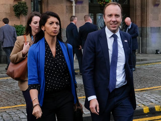 <p>Former health secretary Matt Hancock pictured with Gina Coladangelo on the first day of the Conservative Party conference in September 2019</p>