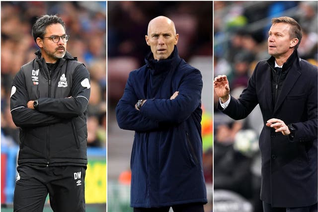 Jesse Marsch, right, arrives in the Premier League looking to improve on the record of David Wagner, left, and Bob Bradley (Dave Howarth/Richard Sellers/John Walton/PA)