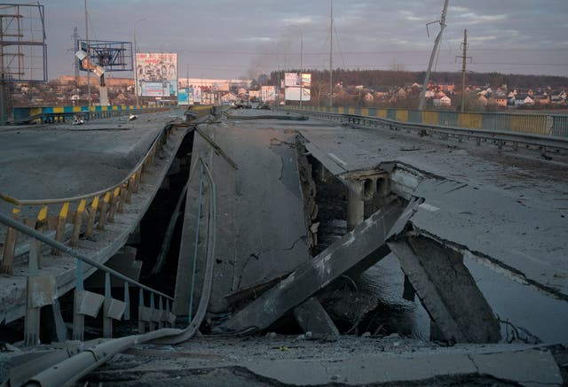 <p>A destroyed bridge can be seen near the town of Bucha</p>