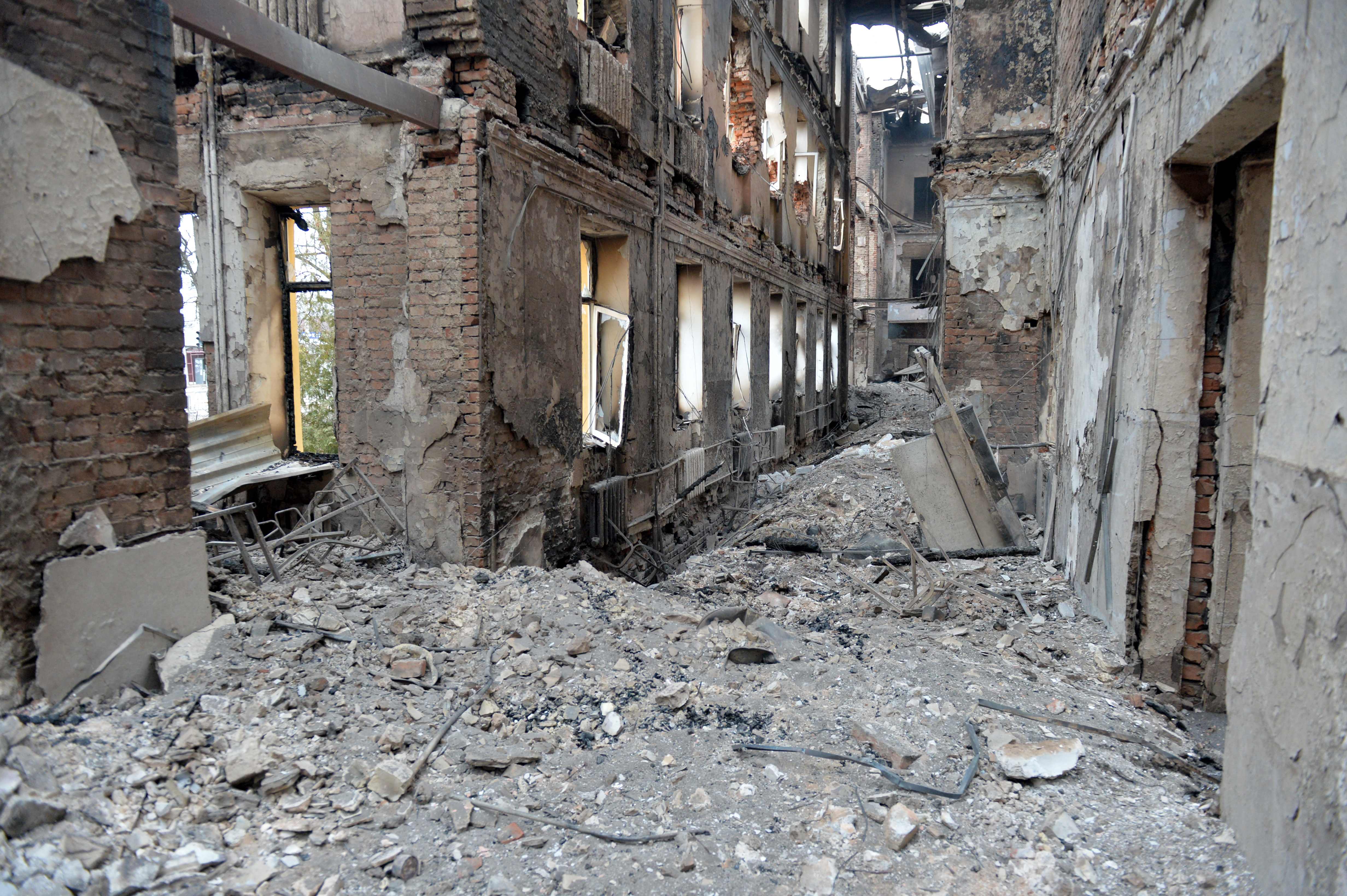 A school destroyed as a result of a fight not far from the centre of Kharkiv