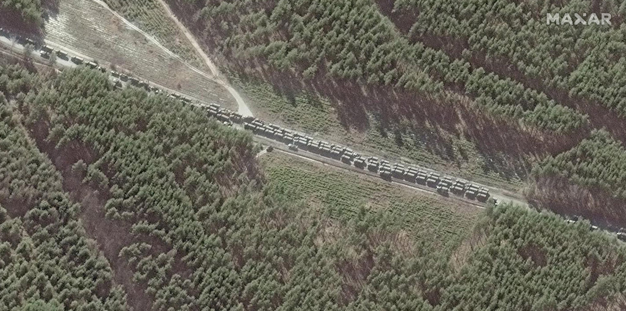 The northern end of a convoy of logistics and resupply vehicles near Ivankiv, north of Kyiv