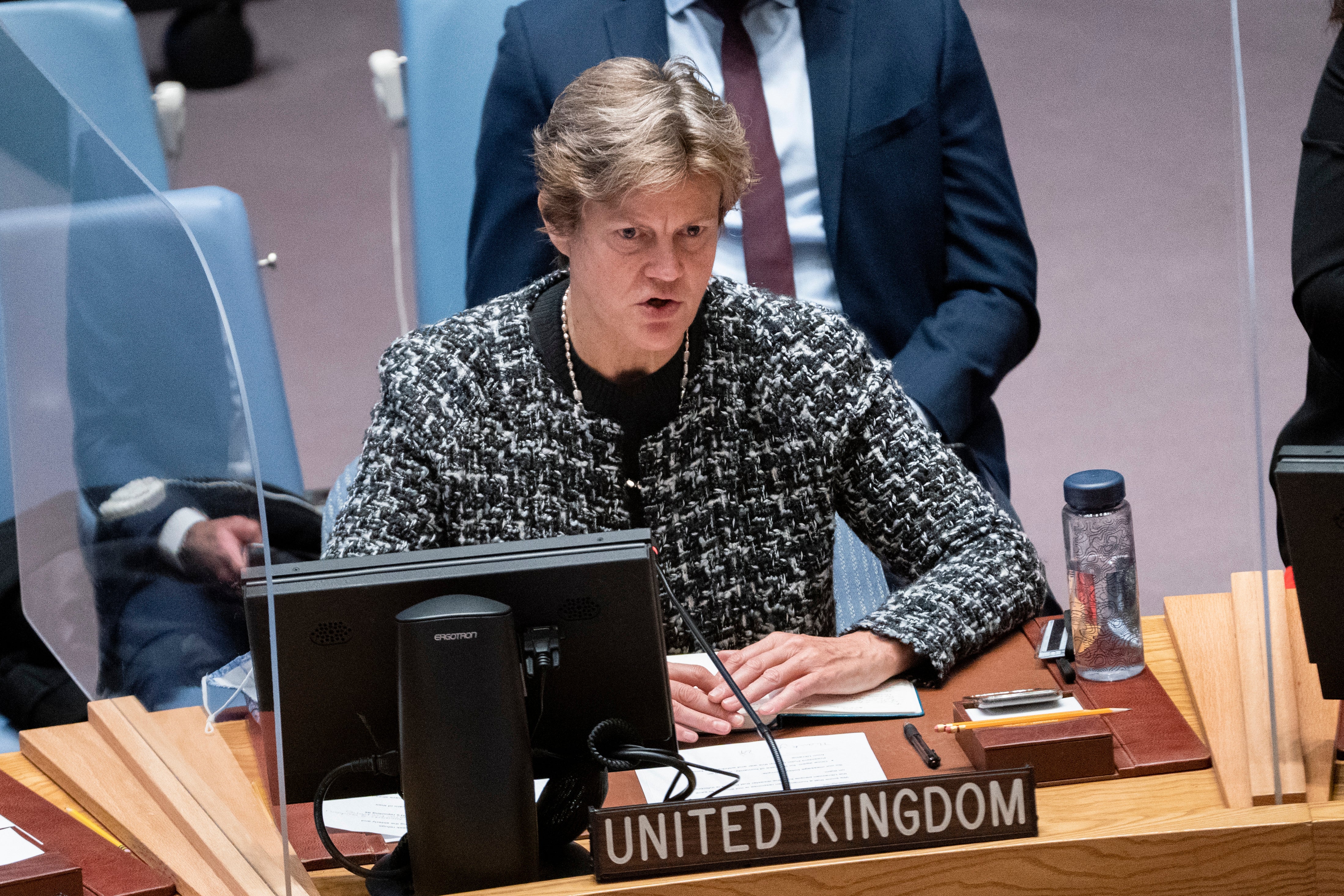 Barbara Woodward, permanent representative of the United Kingdom to the United Nations, speaks during a meeting of the security council (John Minchillo/PA)