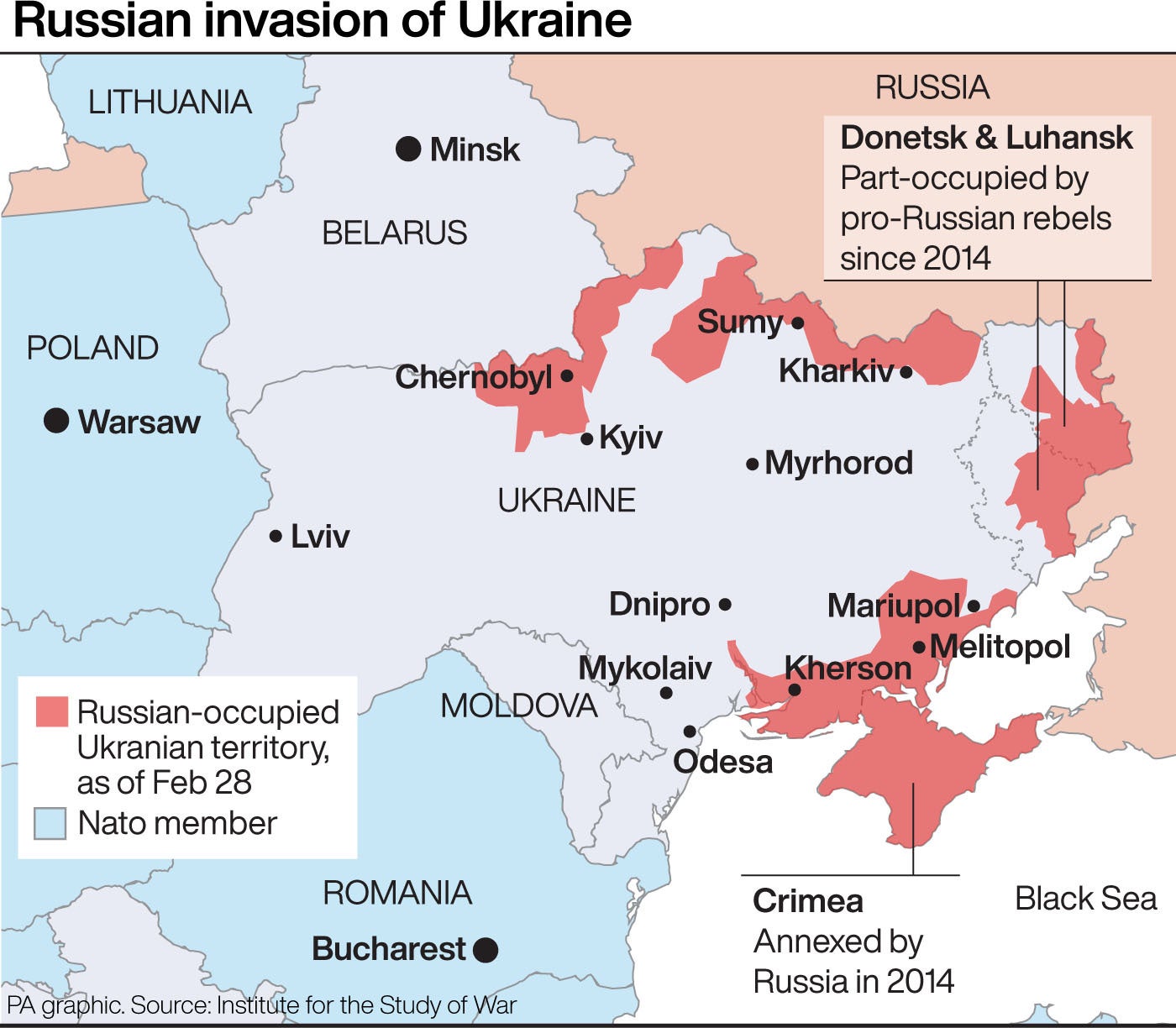 This map shows the extent of Russia’s current attack on Ukraine