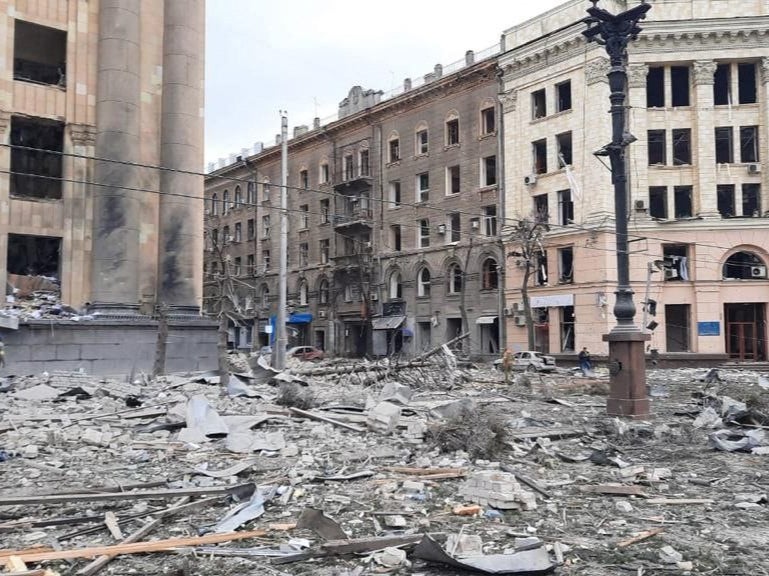 The headquarters of the Kharkiv administration in Ukraine after shelling from Russian forces