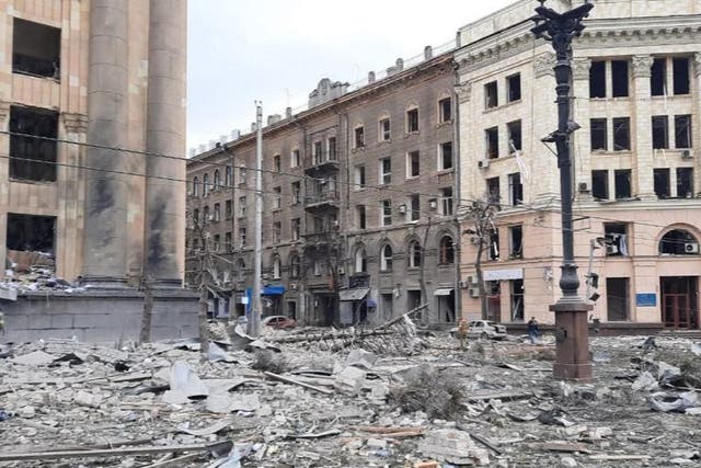 <p>The headquarters of the Kharkiv administration in Ukraine after shelling from Russian forces </p>