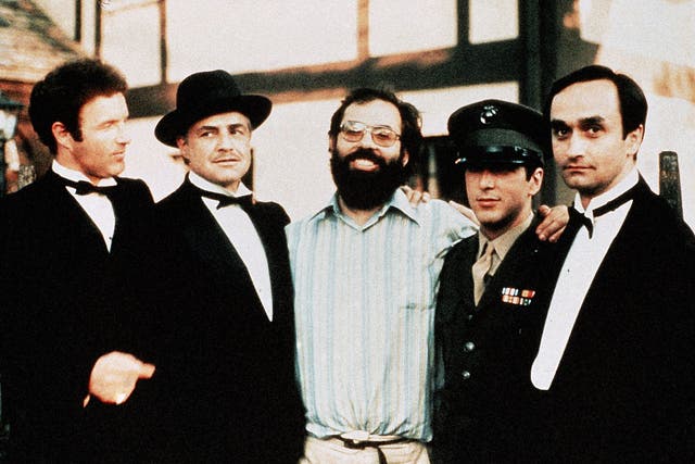 <p>James Caan, Marlon Brando, Francis Ford Coppola, Al Pacino and John Cazale on the set of ‘The Godfather'</p>