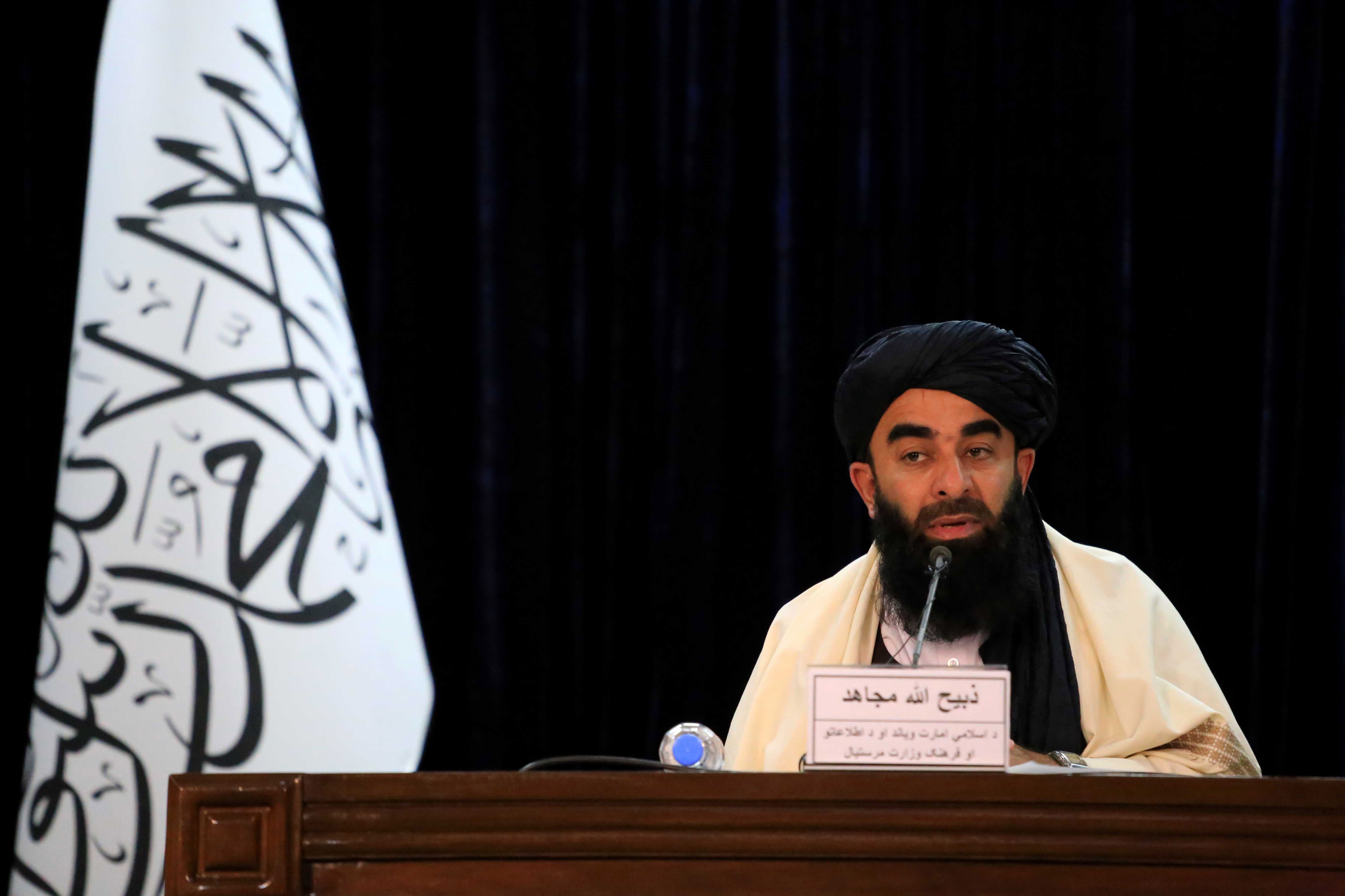 Zabihullah Mujahid, the Taliban's spokesman talks with journalists during a press conference in Kabul, Afghanistan on 27 February 2022
