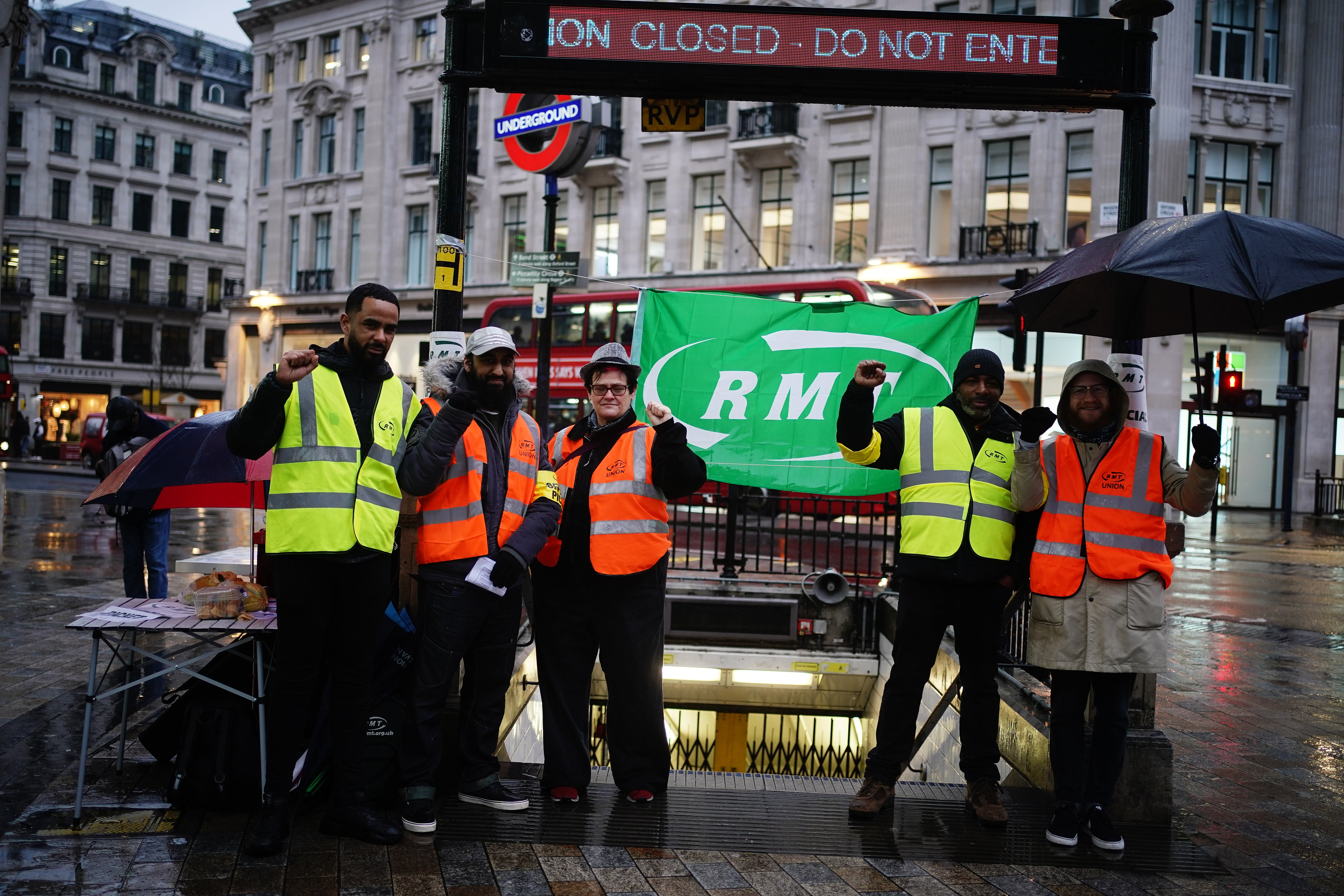 Members of the RMT union on a picket line outside Oxford Street Underground station (Aaron Chown/PA)