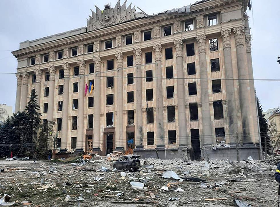 This handout photo released by Ukrainian Emergency Service shows a view of the damaged City Hall building in Kharkiv, Ukraine, Tuesday, March 1, 2022. Russian shelling pounded civilian targets in Ukraine’s second-largest city, Kharkiv, Tuesday and a 40-mile convoy of tanks and other vehicles threatened the capital — tactics Ukraine’s embattled president said were designed to force him into concessions in Europe’s largest ground war in generations. (Ukrainian Emergency Service via AP)