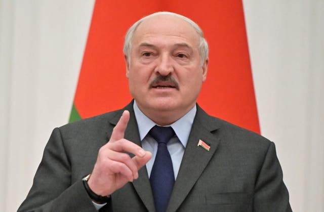 <p>Belarus president Alexander Lukashenko speaks at the Kremlin, Moscow, on 18 February 2022</p>