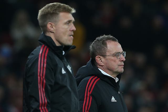 <p>Manchester United technical director Darren Fletcher with Ralf Rangnick</p>