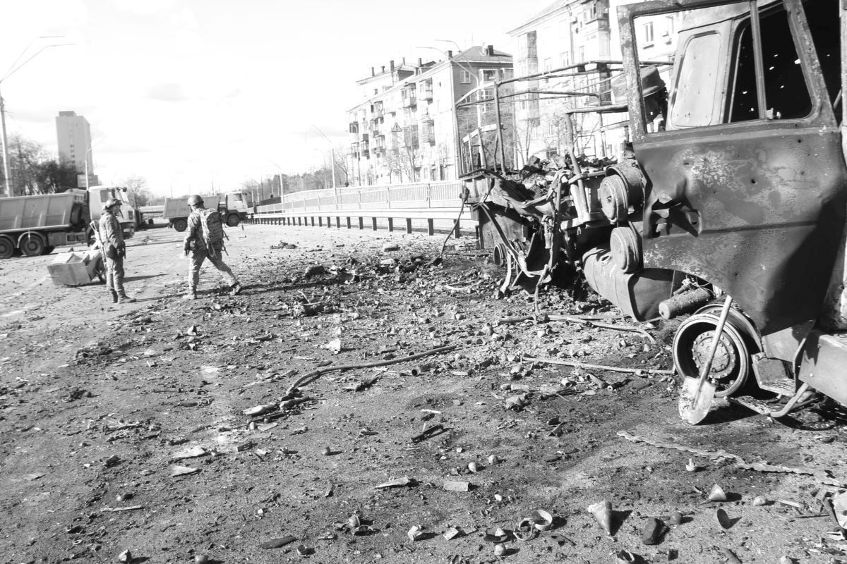 Photographs show smashed cars and rubble on the streets. (Maria Volkova/PA)