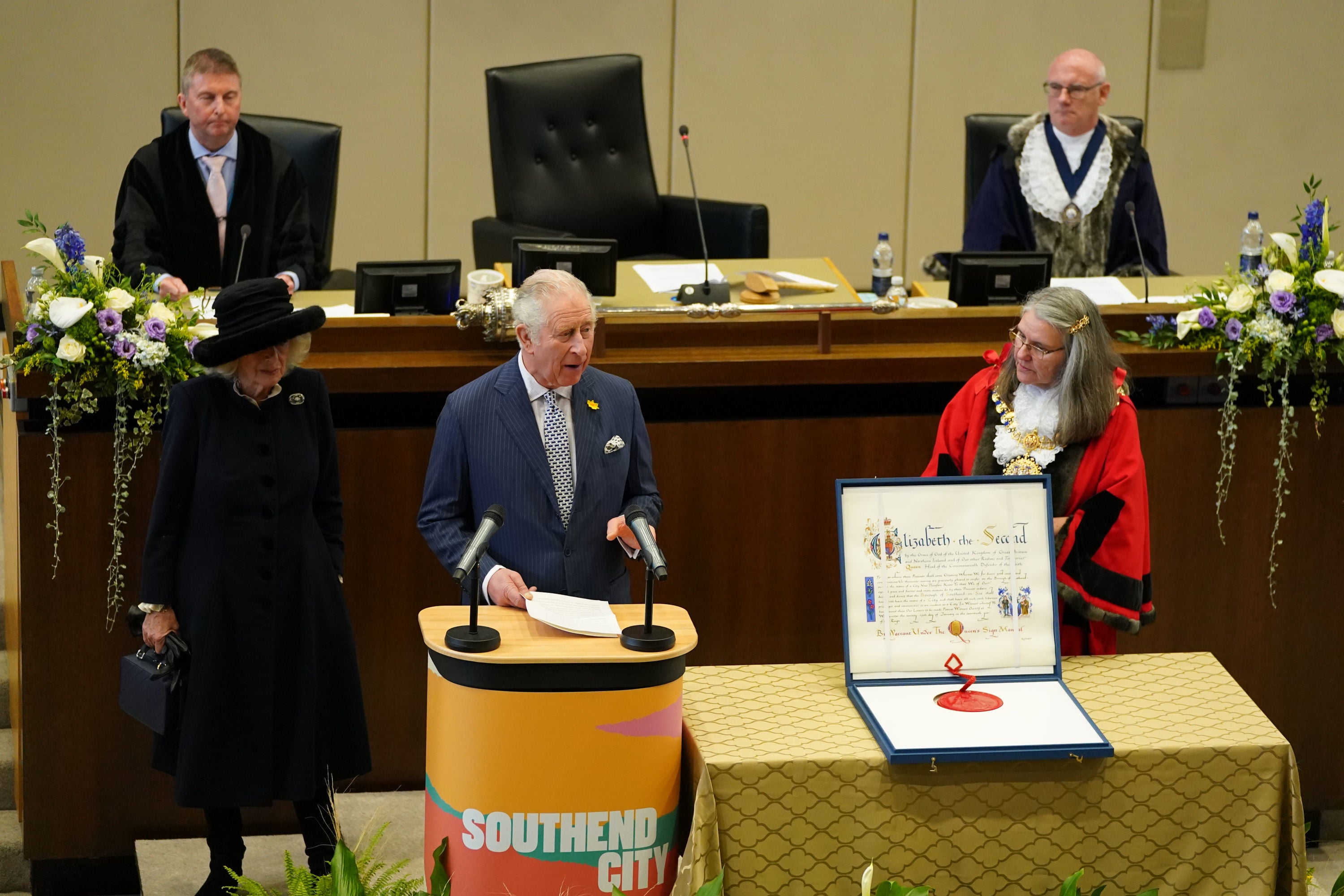 The Prince of Wales accompanied by the Duchess of Cornwall, addresses members of the council, guests and family members of the late Sir David Amess, in the council chamber at the Civic Centre in Southend-on-Sea