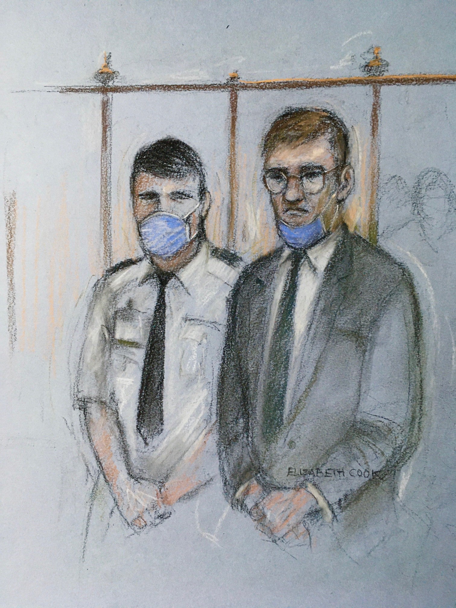 Court artist sketch by Elizabeth Cook of James Watson (right), at the Old Bailey (PA)