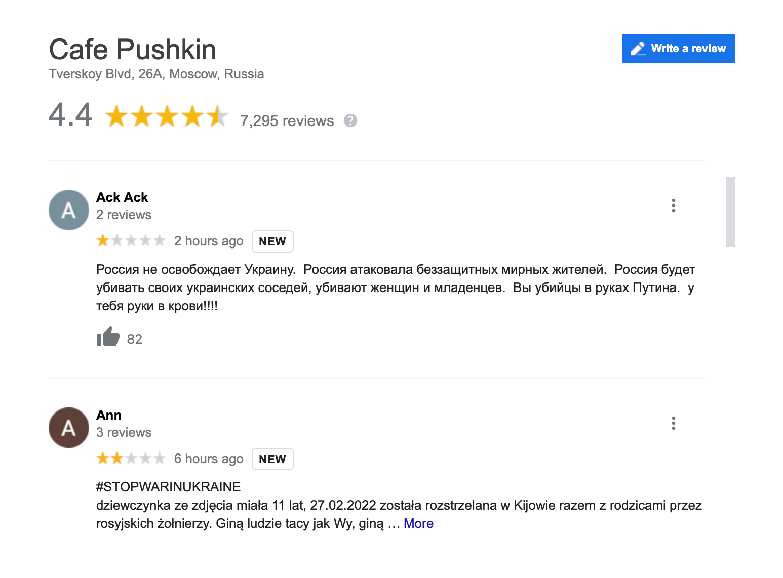Reviews left on the Google maps page for Cafe Pushkin, in Moscow
