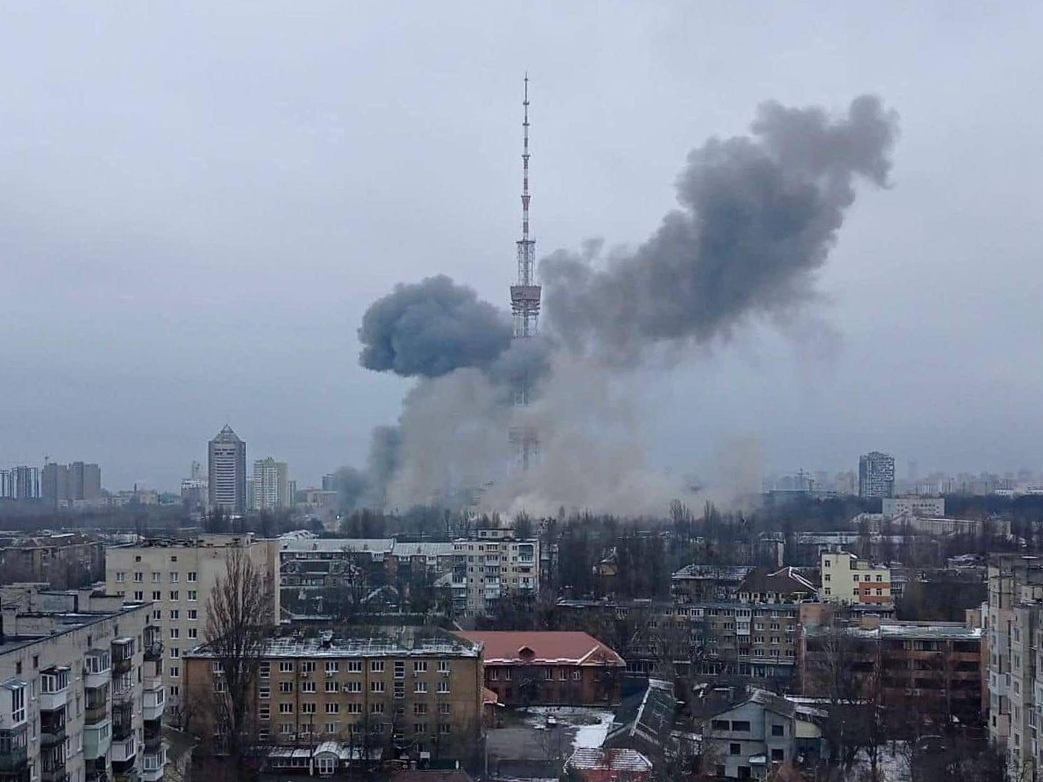 Huge explosion at base of Ukraine TV tower as spire shrouded in black smoke