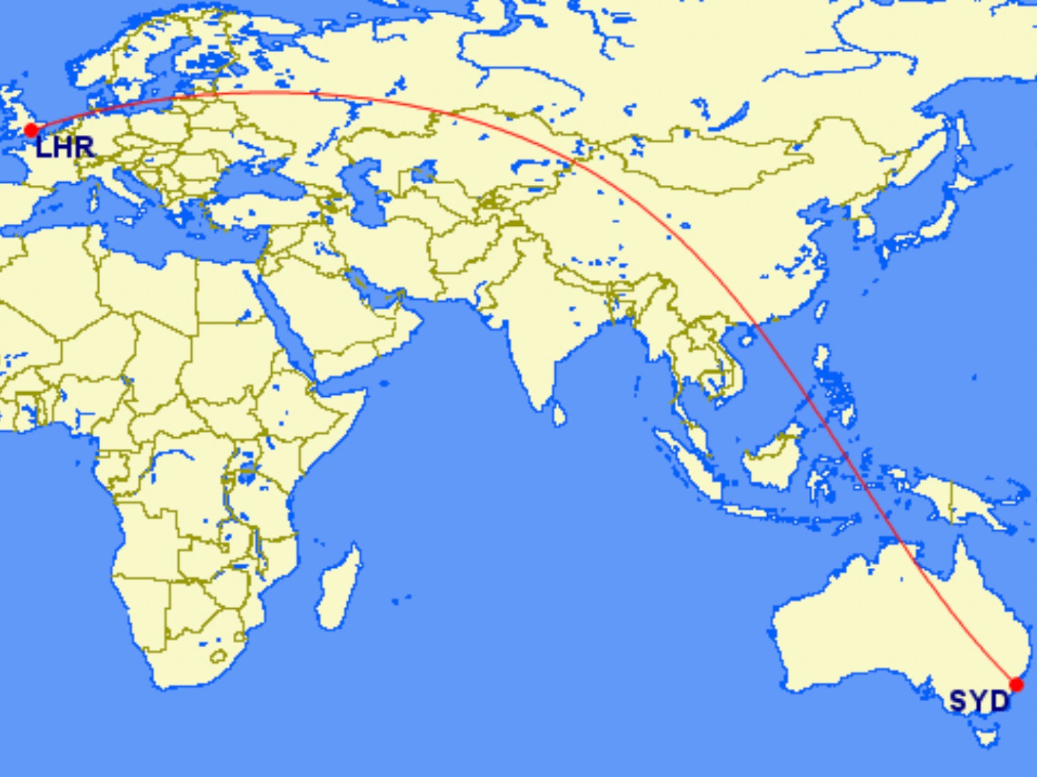 Straight line: the ‘great circle’ route from London to Sydney