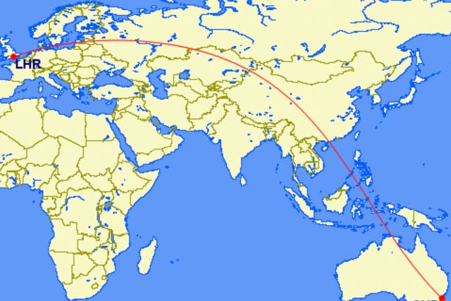 <p>Straight line: the ‘great circle’ route from London to Sydney</p>