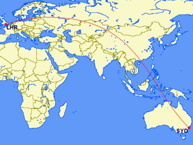 <p>Straight line: the ‘great circle’ route from London to Sydney</p>