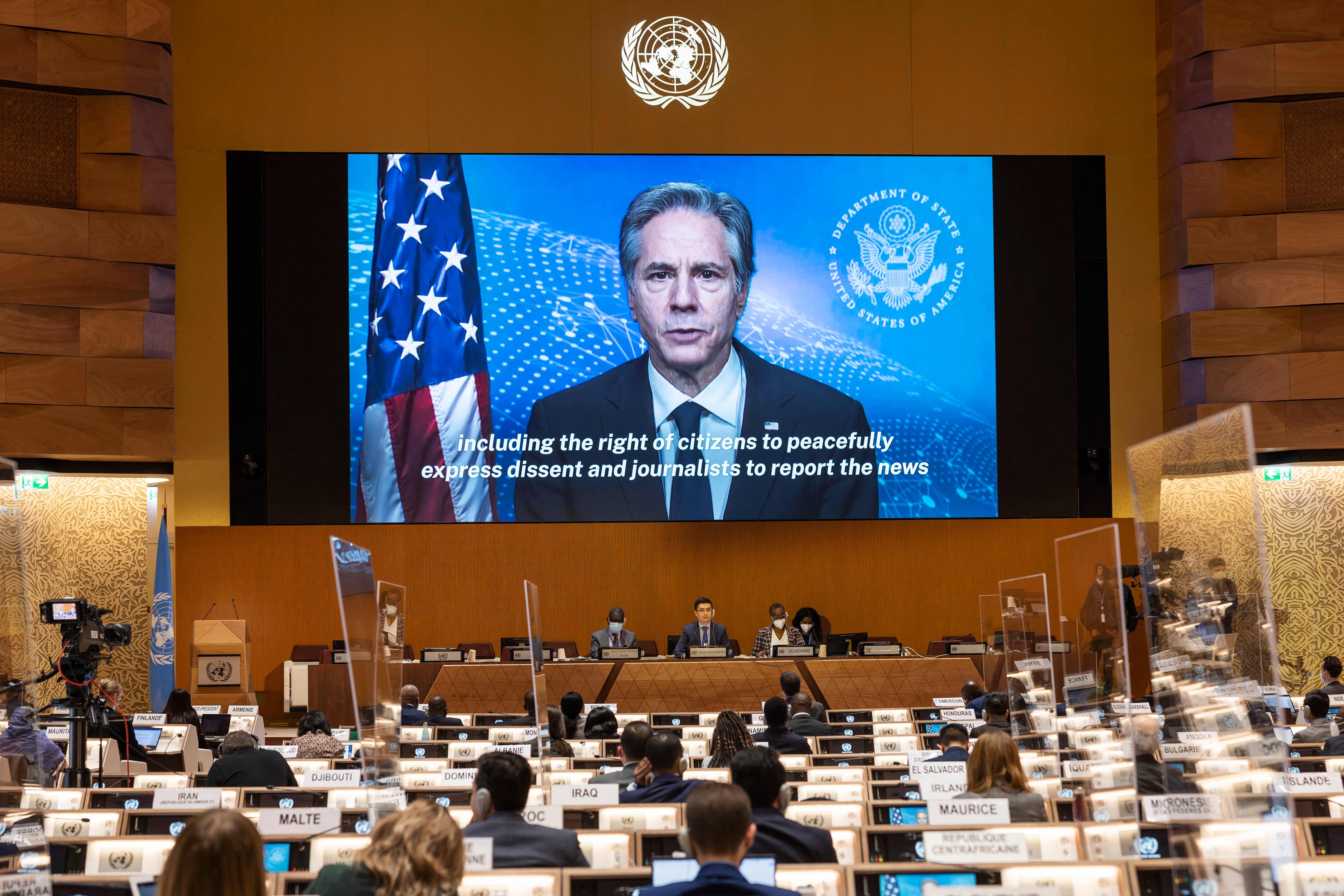 US Secretary of State Antony Blinken speaks remotely at the UN Human Rights Council meeting