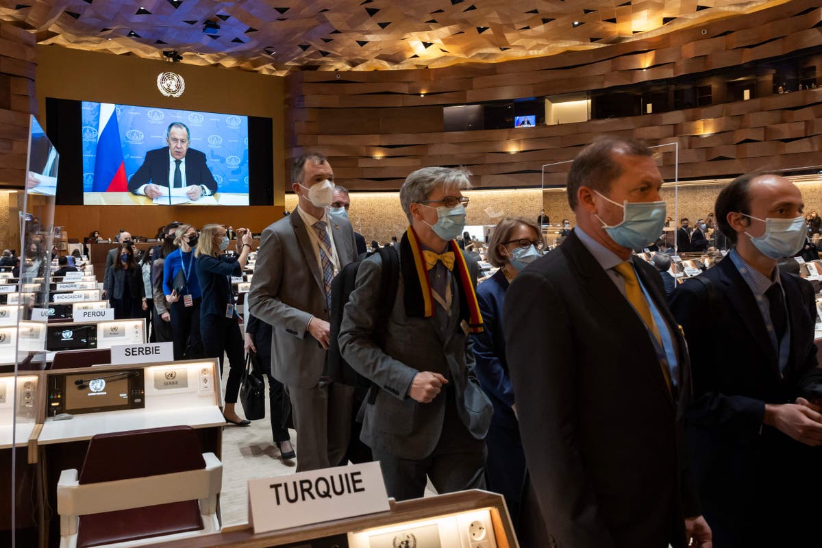 UN diplomats walk out on Russian minister Sergei Lavrov’s speech in protest at Ukraine invasion