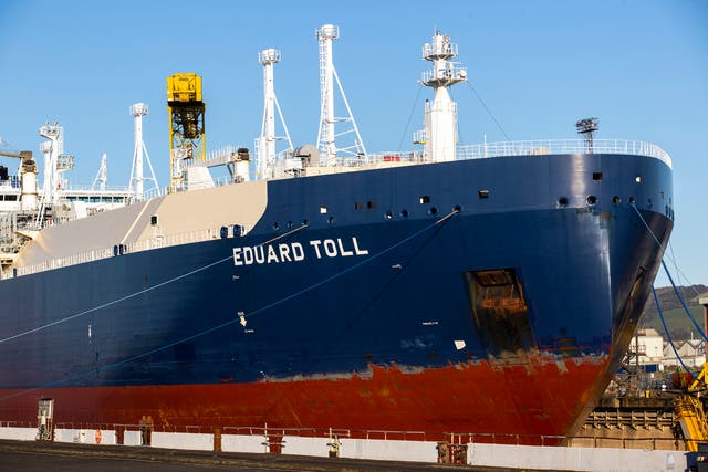 Tanker Eduard Toll docked at Harland & Wolff’s shipyard at Belfast Port in Northern Ireland (Liam McBurney/PA)