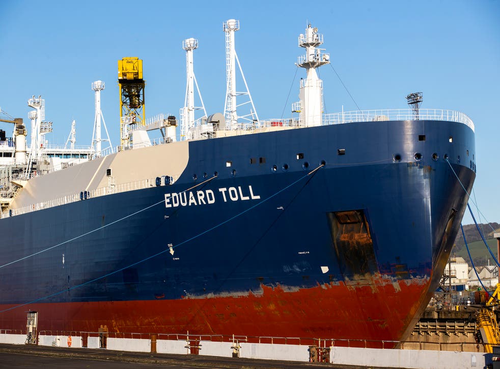 Tanker Eduard Toll docked at Harland & Wolff’s shipyard at Belfast Port in Northern Ireland (Liam McBurney/PA)