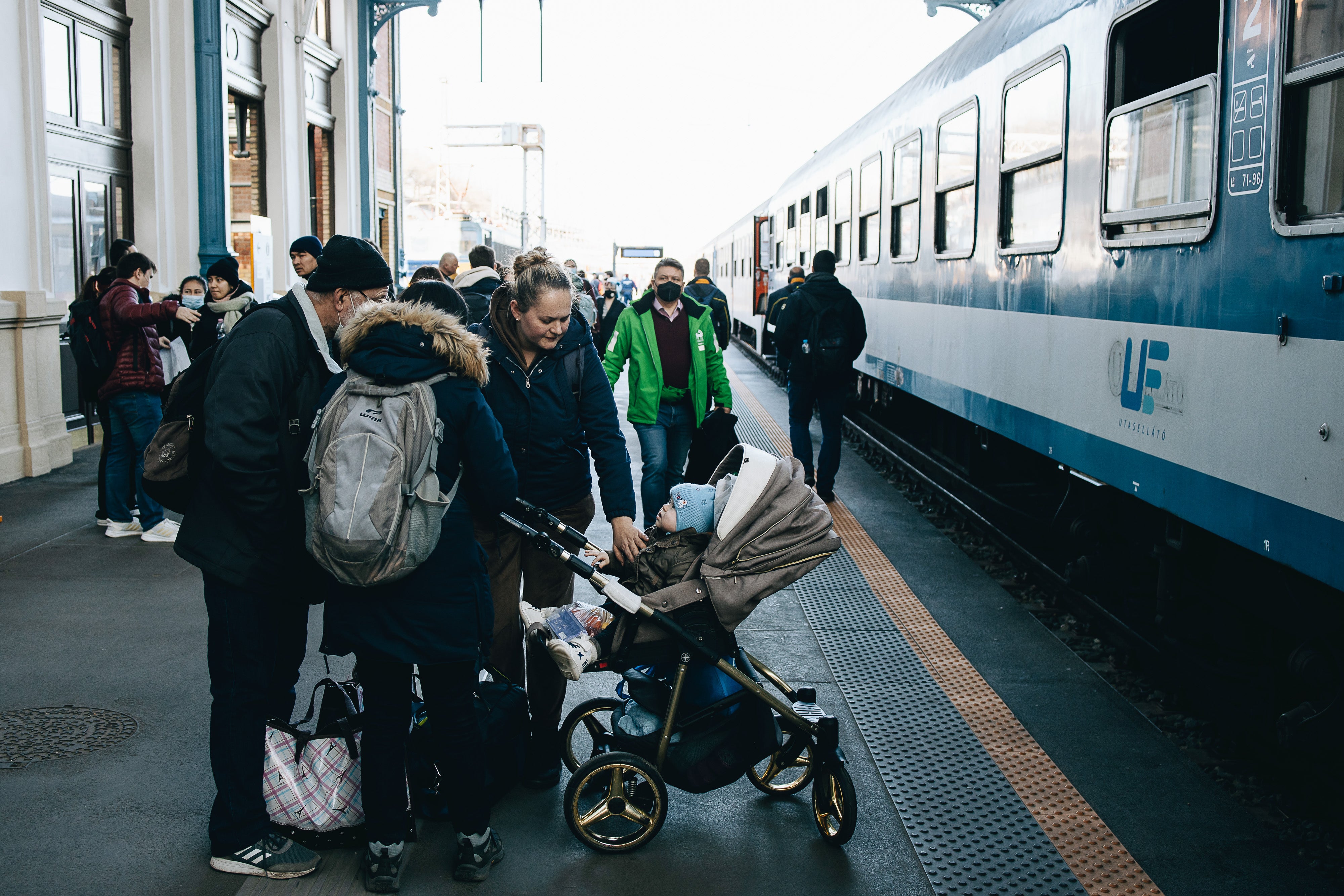 Ukranian refugees just arrive in Nyugati Railway Station, Budapest, on Tuesday