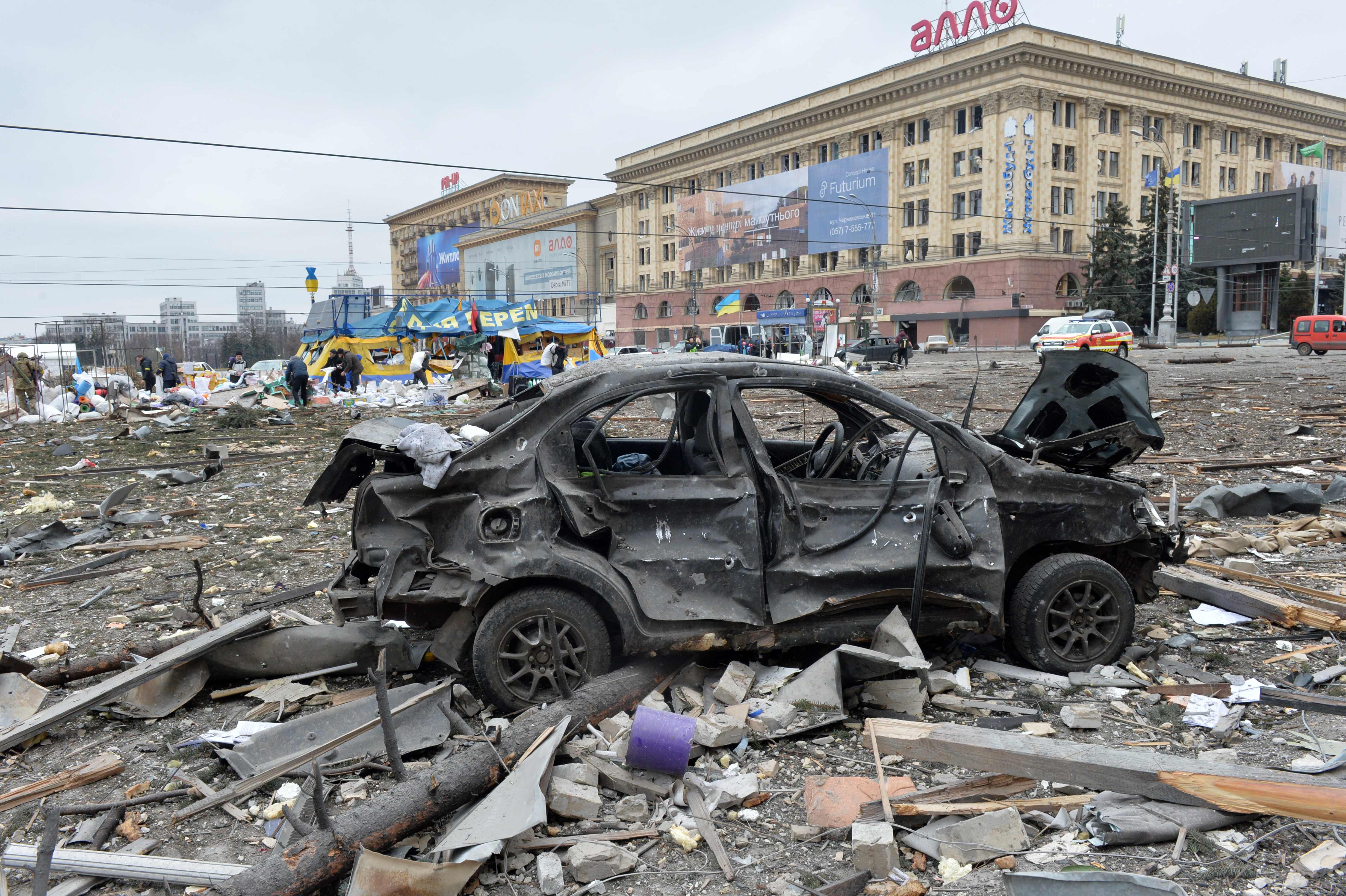 The scene outside Kharkiv city hall on Tuesday after Russian attack that analysts fear could soon be repeated in Kyiv and elsewhere