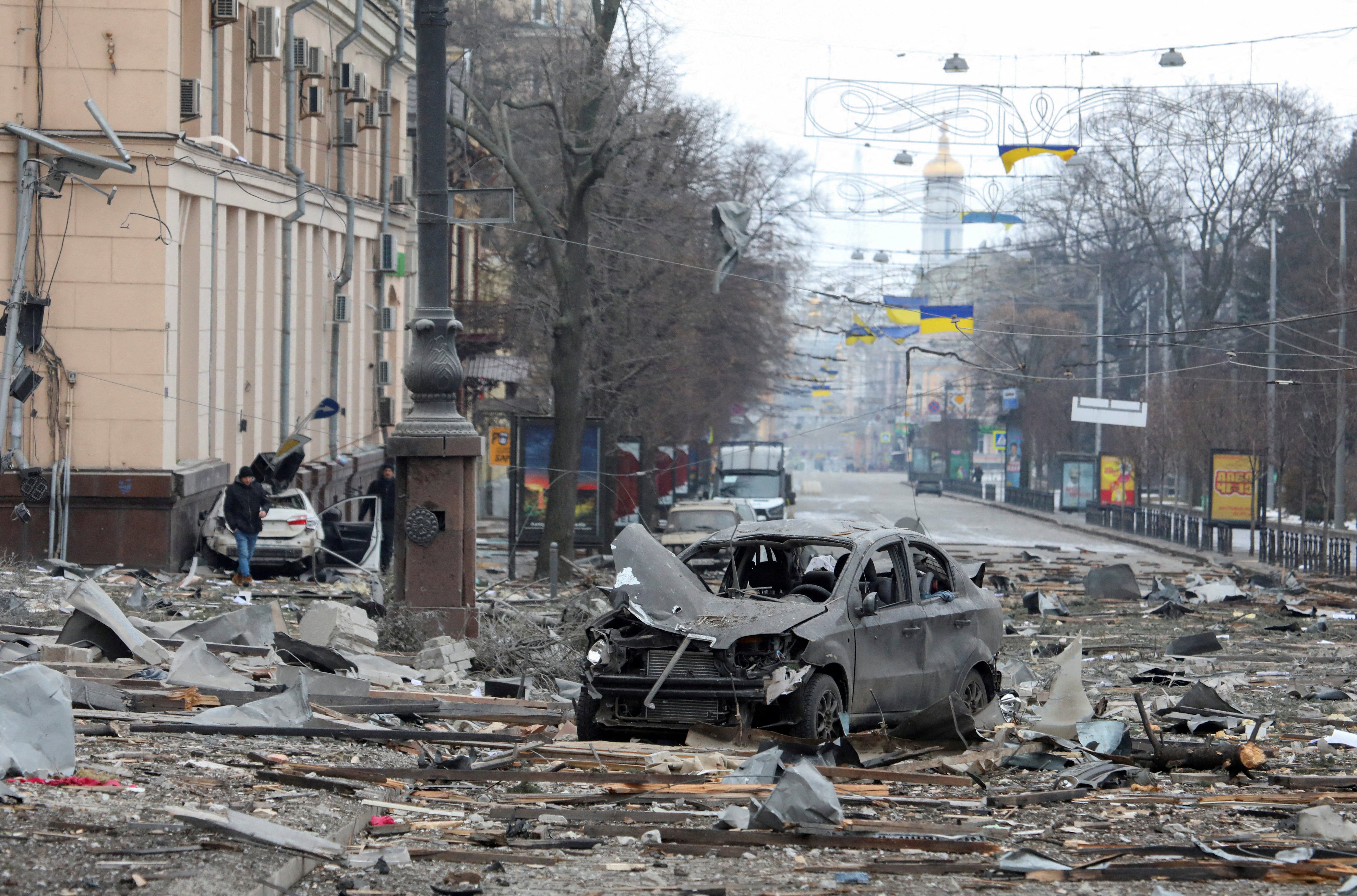 A view shows the area near the regional administration building, which city officials said was hit by a missile attack, in central Kharkiv