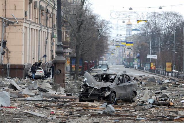 <p>A view shows the area near the regional administration building, which city officials said was hit by a missile attack, in central Kharkiv</p>
