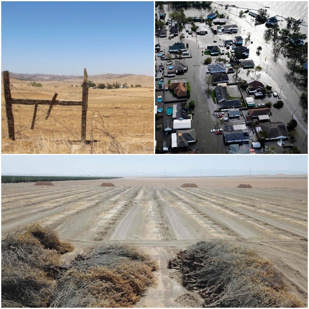 <p>From bottom, anticlockwise: The megadrought in California affected almond trees and fields, Hurricane Ida in Louisiana </p>