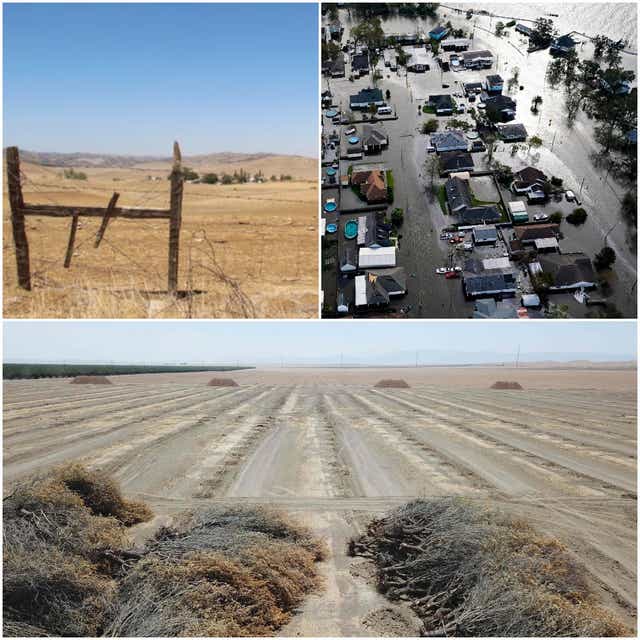 <p>From bottom, anticlockwise: The megadrought in California affected almond trees and fields, Hurricane Ida in Louisiana </p>