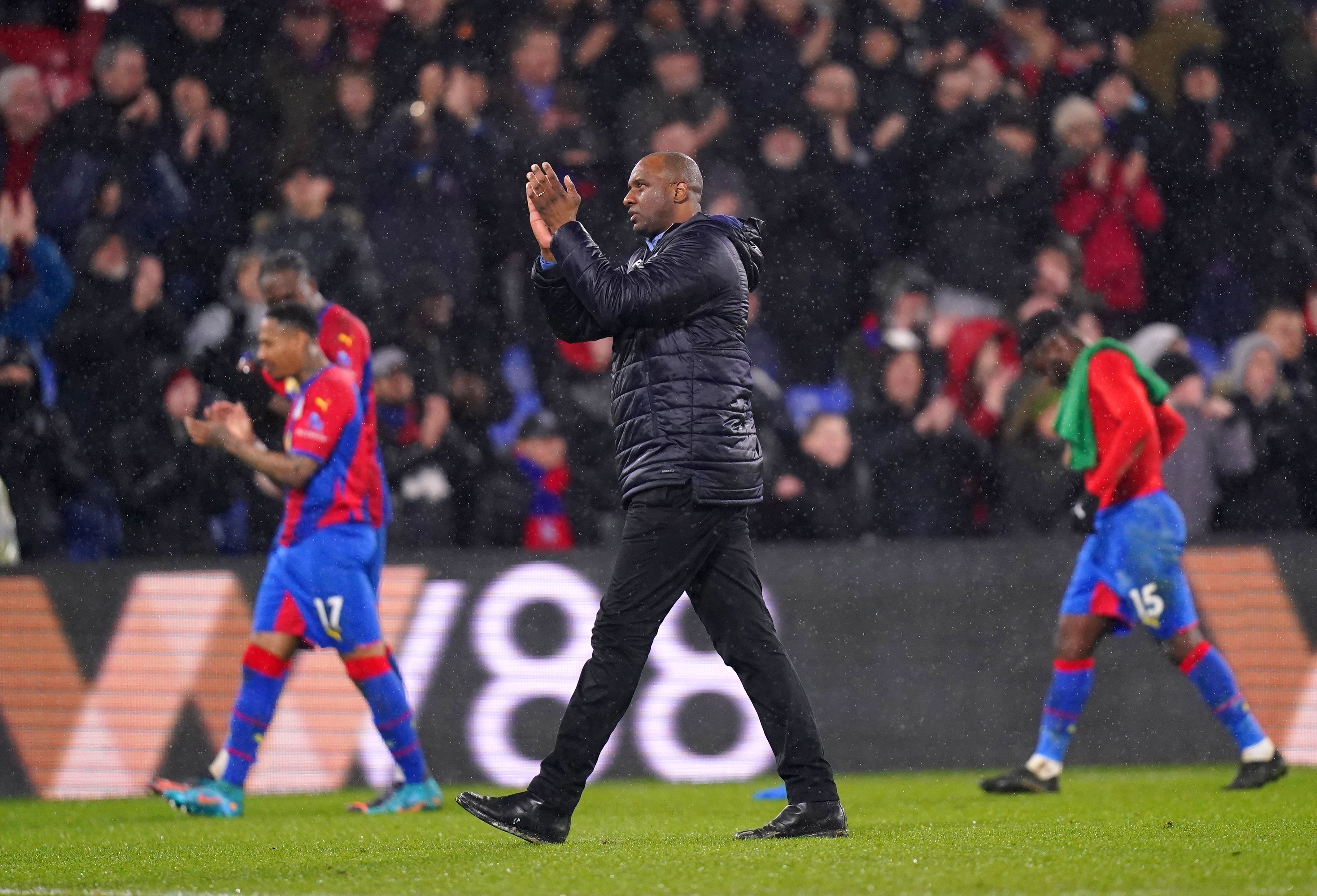 Crystal Palace manager Patrick Vieira applauds the fans after the 2-1 win over Stoke