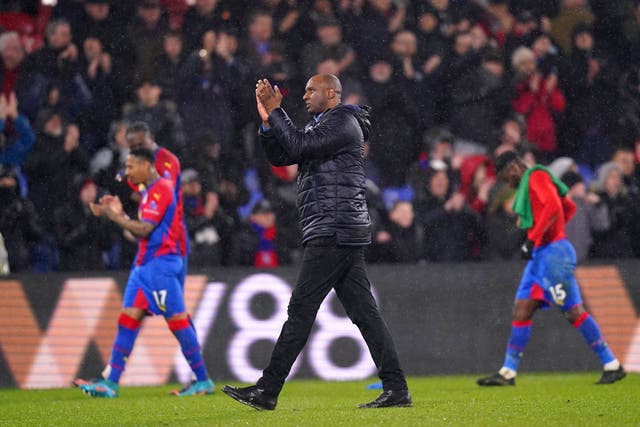 <p>Crystal Palace manager Patrick Vieira applauds the fans after the 2-1 win over Stoke</p>
