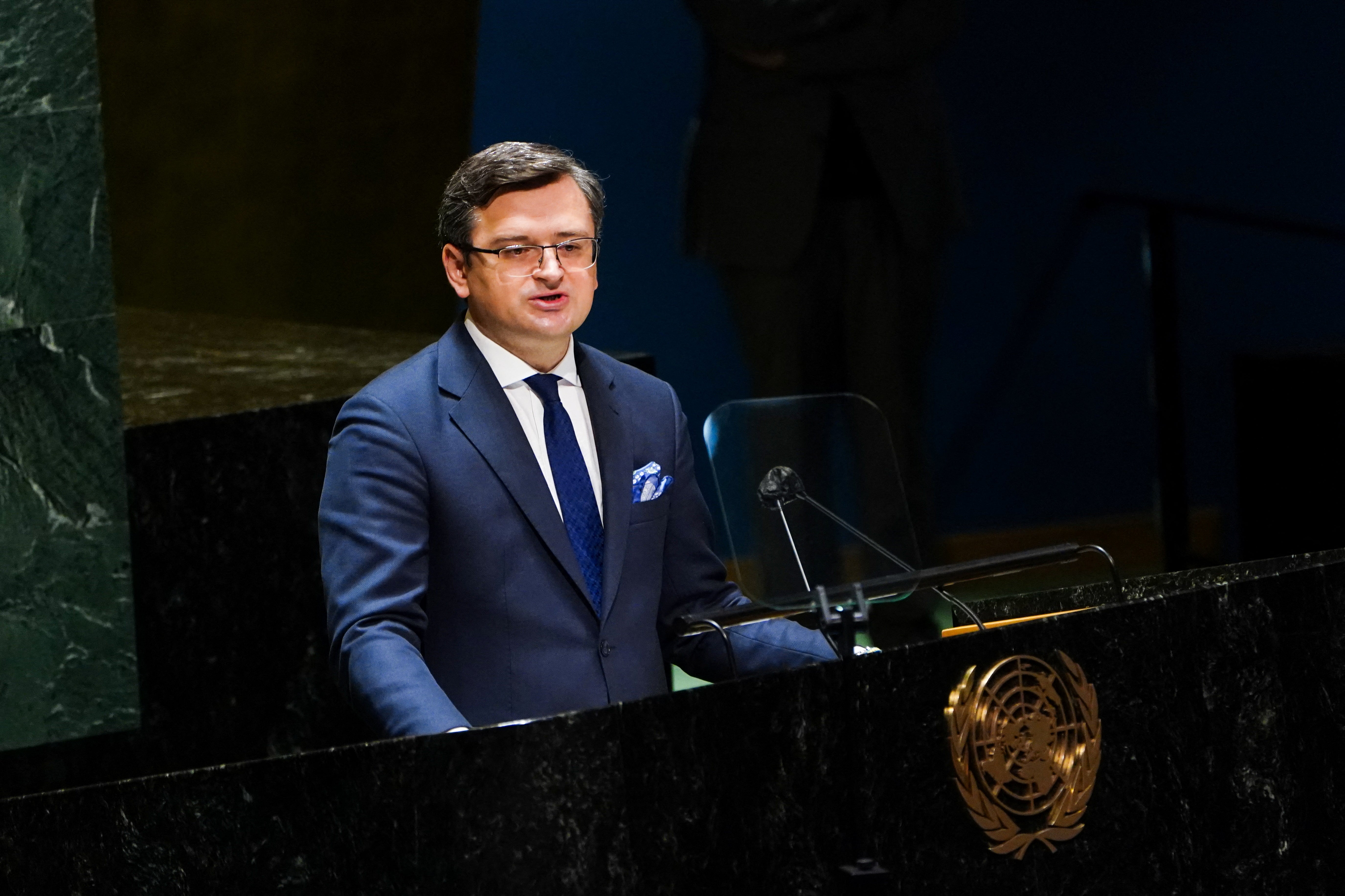 Ukraine’s Foreign Minister Dmytro Kuleba speaks during a meeting of the UN General Assembly in February