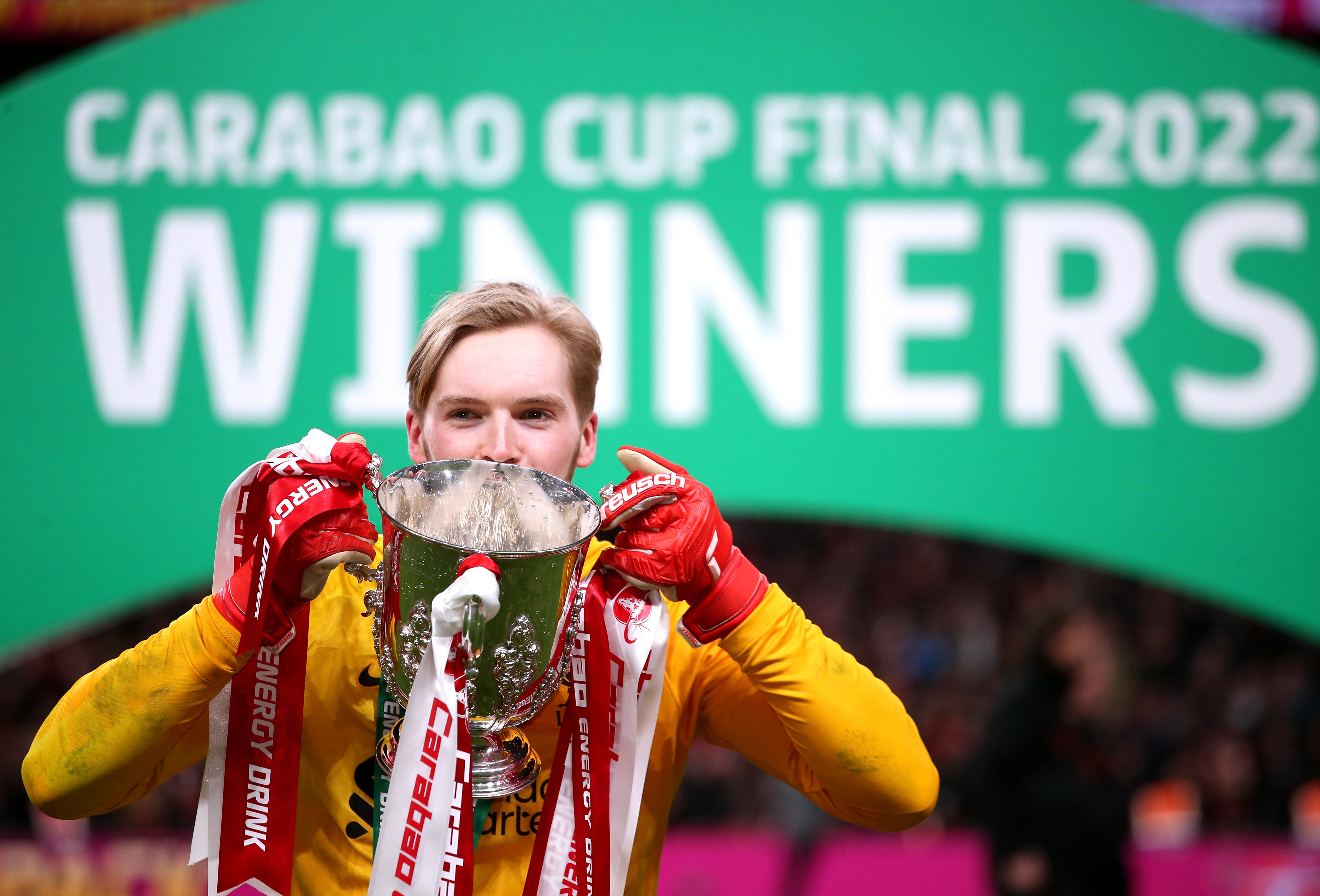 Liverpool goalkeeper Caoimhin Kelleher scored the winning penalty at Wembley (Nick Potts/PA)