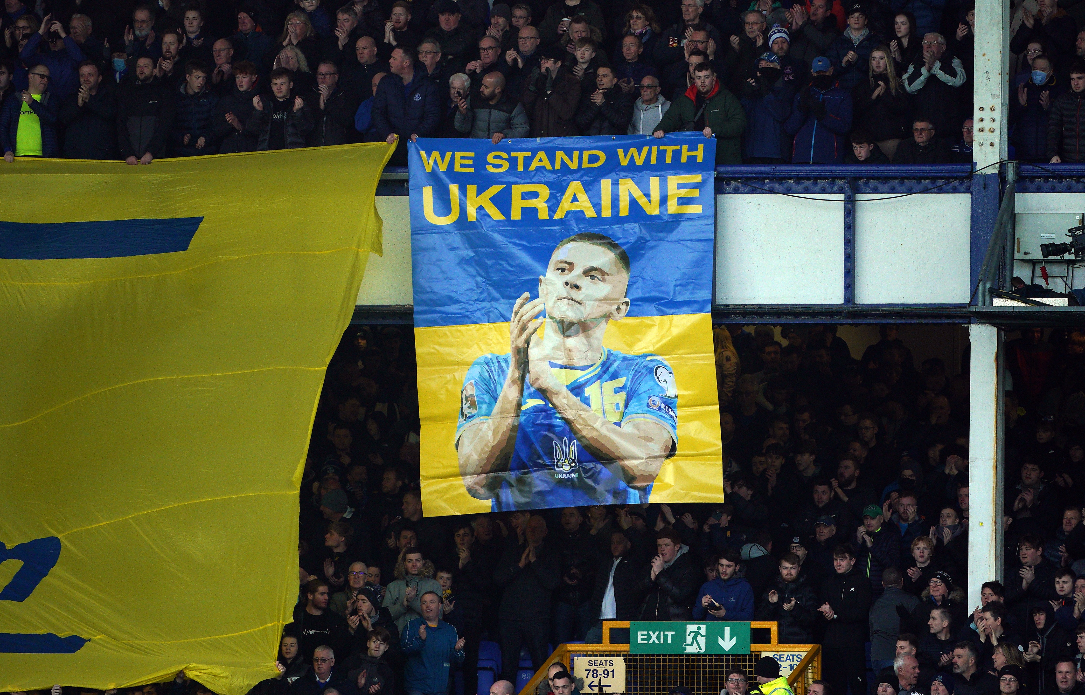 A banner in support of Everton’s Vitaliy Mykolenko and Ukraine before the Premier League match against Manchester City (Peter Byrne/PA)