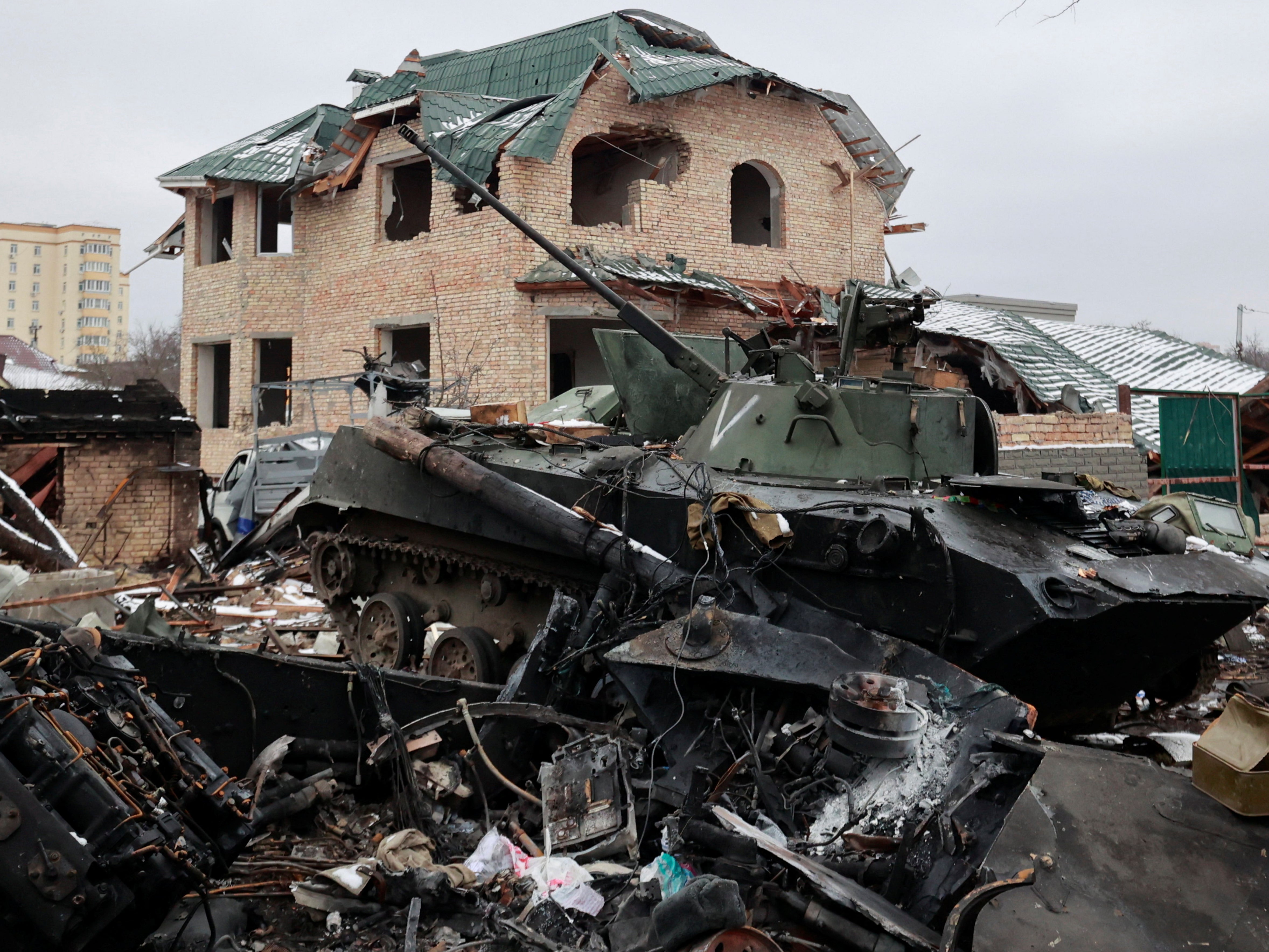 A destroyed armoured vehicle in Kyiv
