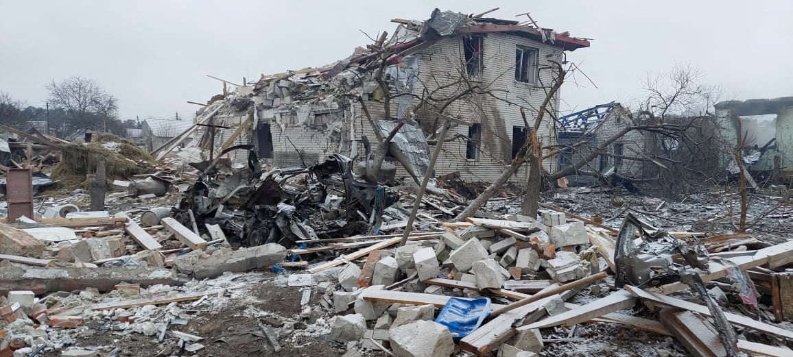 A destroyed building in a residential area in the city of Zhytomyr