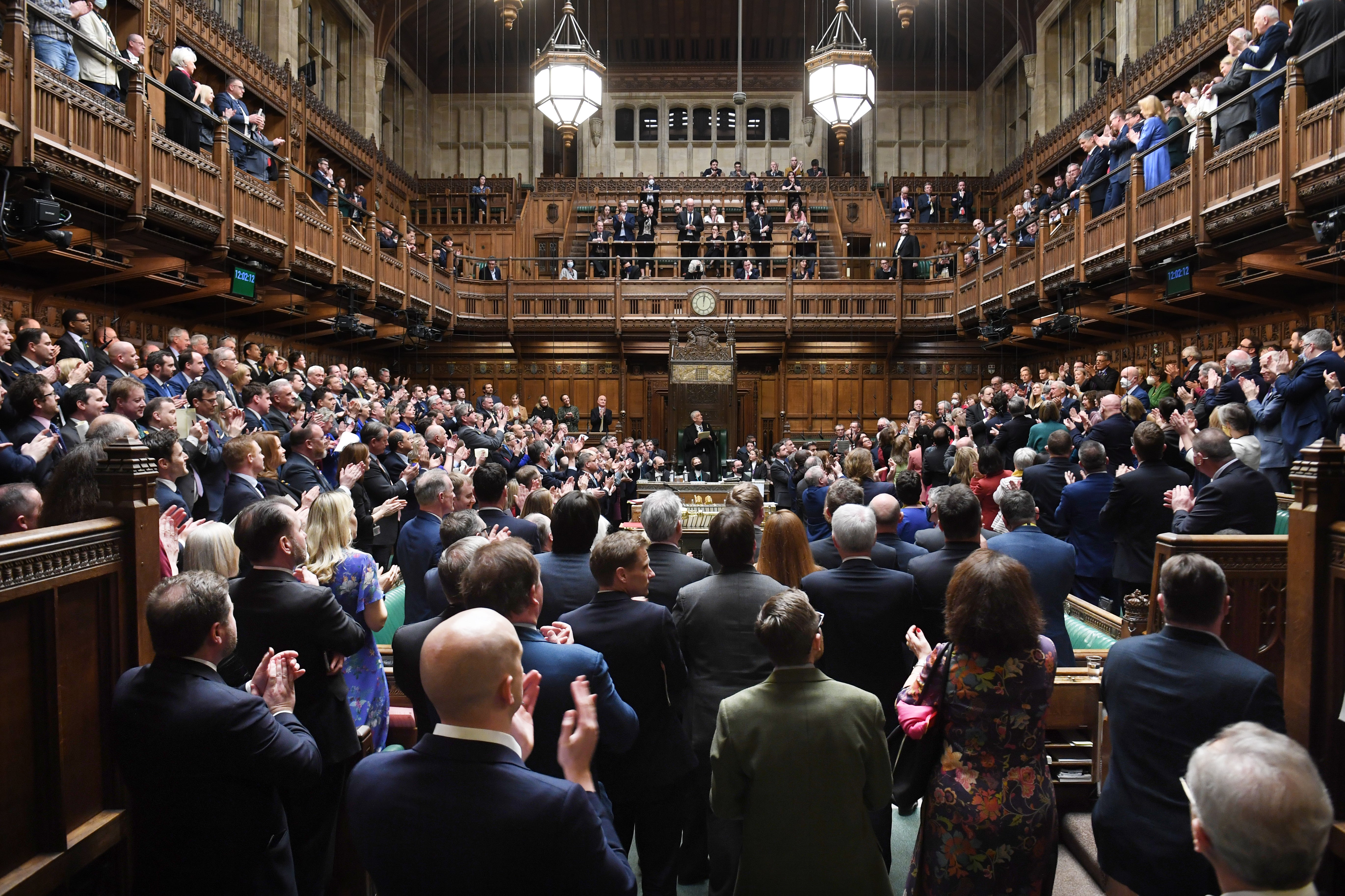 MPs in the House of Commons, London, give a standing ovation to Ukraine’s ambassador to the UK Vadym Prystaiko